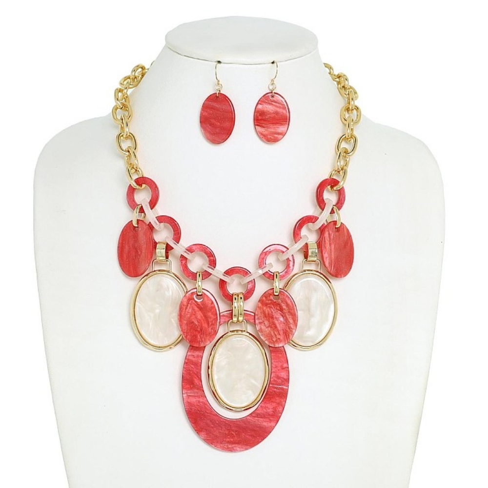 Red and White Oval Charms Statement Bib Necklace Set